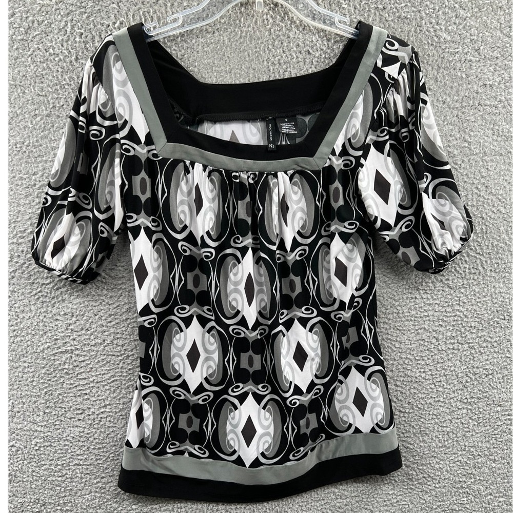 Womens Blouse M Abstract Geometric Y2K Puff Sleeve Stretch Office Career Retro